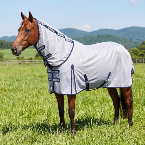 Image of Horse Summer Sheet Breathable Mesh Blanket with Neck, Size 76 Light Gray | Full Neck Coverage, Adjustable Chest Belly and Leg Straps, Lightweight Sun Cover for Pasture Stable Turnout and Travel