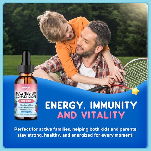 Image of (2 Pack) Magnesium Glycinate Liquid for Kids, Kids Magnesium Liquid Drops Supplement with L-Theanine, Calcium, Zinc, Vitamin D3 K2 for Sleep Calm Relaxation Brain Bones, Mixed Berry Flavor 4 Fl Oz