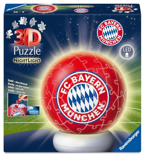 Ravensburger 3D Puzzle FC Bayern München - 3D Puzzle Kinder ab 6 Jahren - Puzzle-Ball mit LED Nachtlicht als Nachttischlampe für Kinder - FC Bayern München Geschenke für Jungen und Mädchen - 12008056