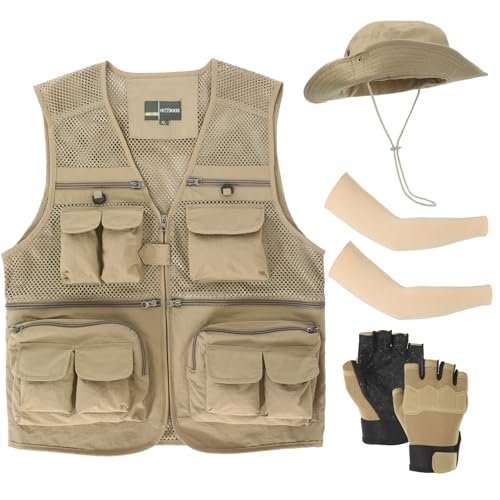 4 Pcs Fishing Vest and Hat for Men Safari Vest with Pockets Include Summer Lightweight Outdoor Jacket with Bucket Hat Fishing Gloves Ice Silk Sleeves for Outdoor Work