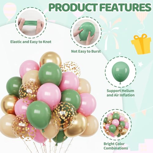 Image of Pink and Green Balloon, 60PCS Sage Green Party Balloon, 12Inch Olive Pastel Pink Balloons Metallic Gold Confetti Balloons for Baby Shower Wedding Jungle Cactus Birthday Party Decoration