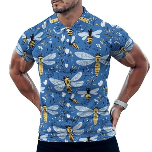 Polo de golf pour homme manches courtes imprimé libellule bleue respirant