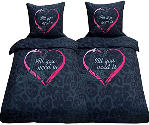 Visaggio 4 teilige Bettwäsche Mikrofaser 135x200 cm Garnitur Set schwarz pink Love Herz Partnerbettwäsche