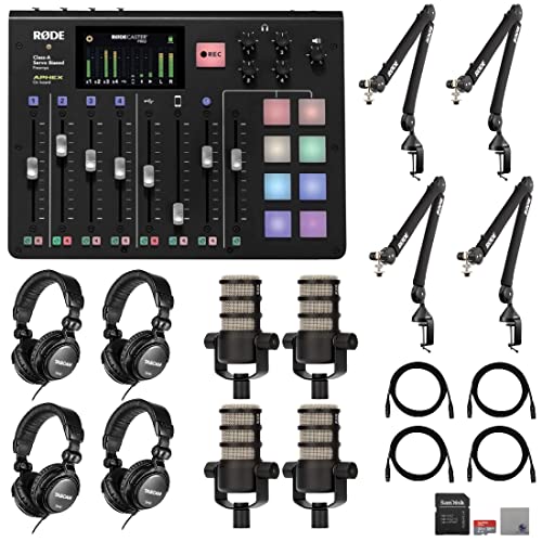 Rode RODECaster Pro with 4x Rode PSA1+ Microphone Boomarms, 4x Rode PodMic Dynamic Podcasting Microphone, TH-02 Studio Grade Headphones, 32GB microSD Card, XLR Cables and StreamEye Polishing Cloth