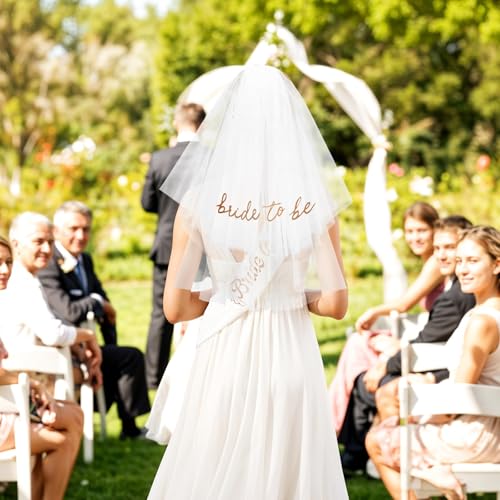 Image of Rose Gold Bride to Be Sash Veil for Bachelorette Party Decorations, 2 Pack Bride to Be Decorations Set for Women and Girls, Bridal Shower Gift, Wedding Engagement Gifts for bride