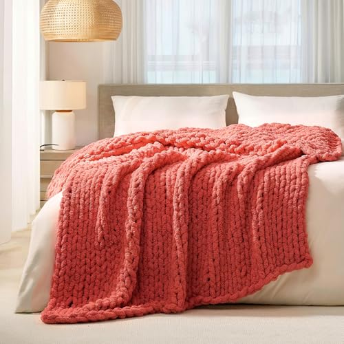L'AGRATY Chunky Knit Blanket Throw: 50''x60'' Chenille Chunky Knitted Throw Blankets for Bed Couch - Handmade Thick Cable Knit Blanket - Large Crochet Rope Blankets for Home Decor(Coral Pink)