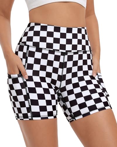CVXNSYP Womens Checkered Shorts High Waisted Workout Biker Shorts with Pockets 5 inch Stretchy Buttery Soft Running Athletic Gym Yoga Shorts