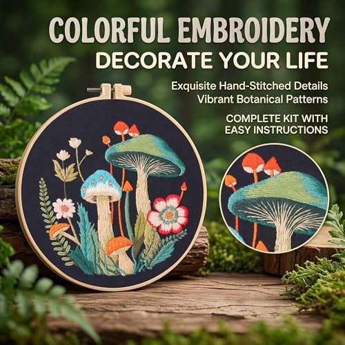 Image of Harimau Adult Beginner Embroidery Starter Kit, Complete Set with 4 Patterns, 2 Hoops, Needles, Scissors, Instruction Guide & Stitching Video Tutorials