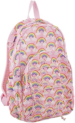 Eastsport Mesh Backpack Heavy Duty See-Through Semi-Transparent with Bungee for Adults, College, Beach, Sporting Events, and Travel - Rainbow/Rose Sand