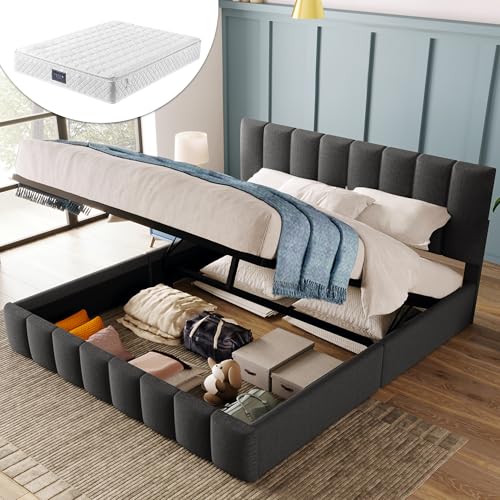 Generisch Cama acolchada hidráulica de 140 x 200 cm, con cabecero ajustable y espacio de almacenamiento, moderno marco de cama con somier de láminas de metal + colchón de espuma fría de 7 zonas, gris