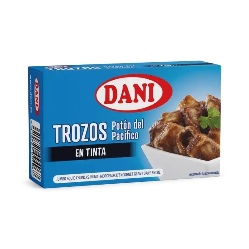 Trozos de Potón del Pacífico en su Tinta DANI 111g – Conserva de Calamar Gigante en Salsa Natural, Receta Mediterránea Lista para Consumir, Textura Tierna y Sabor Marino Intenso