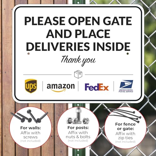 Image of Package Delivery Sign, Delivery Instructions Open Gate and Leave Delivery Inside Sign, 18x24 Inches, Rust Free .063 Aluminum, Fade Resistant, Made in USA by Sigo Signs