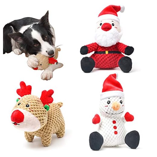 UNIWILAND Latest Christmas Squeaky Dog Toys Pack for Puppy, Durable Beef Flavored Stuffed Animal Plush Chew Toys with Squeakers, Cute Soft Pet Toys for Teeth Cleaning, for Small Medium Large Dogs