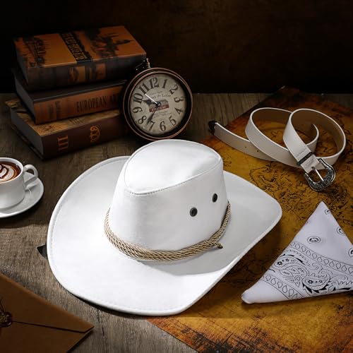 Image of Haysandy Halloween Men Cowboy Costume Hat with Bandana Belts Cowboy Cowgirl Hat Wide Cowgirl Brim Costume Accessories