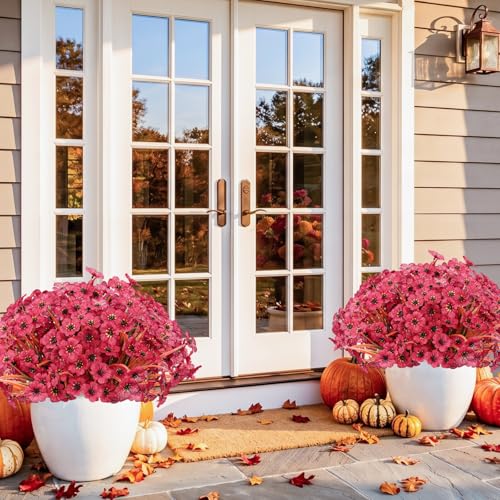 Image of Powbrace 22 Pack Artificial Fall Flowers Mums for Outdoor Indoor(Dark Red)