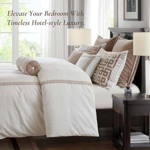 Image of Madison Park Signature Oversized Queen Comforter Set, Luxury Hotel Style Bedding with Embroidered Details, All Season Down Alternative Comforter, Matching Shams&Decorative Pillows, Tan /Ivory, 8 Piece