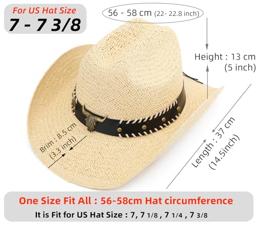 Image of Straw Cowboy Hat, Western Cowgirl Hat, Wide Brim Sun Beach Hat for Men and Women