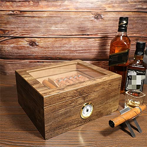 Commoda Desktop Cigar Humidor Tempered Glasstop Front Mounted Hygrometer Humidifier Cedar Lined Storage Box Spanish Cedar Tray Divider Holds 20-50 Cigars Free Cutter Rack #TOP3