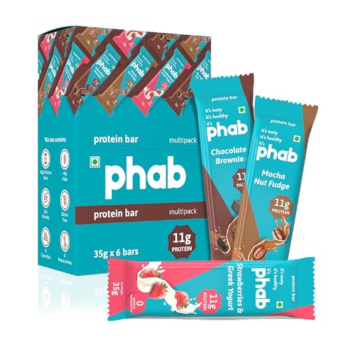 Image of Phab Assorted Protein Bars (Chocolate, Mocha, Strawberry) 11g Protein, No Added Sugar | High Fibre, Trans Fat-Free & No Preservatives | Healthy & Tasty | GMO Free (Pack of 6 x 35g)