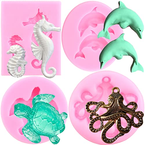 Mujiang Sea Turtle Seahorse Silicone Molds Dolphin Octopus Fondant Mold For Tortoise Cake Decorating Cupcake Topper Resin Sugar Candy Chocolate Gum Paste Set Of 4