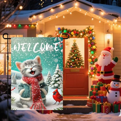 Image of BlissYard Cat Snowflake Winter Garden Flag 12x18 Inch Polyester