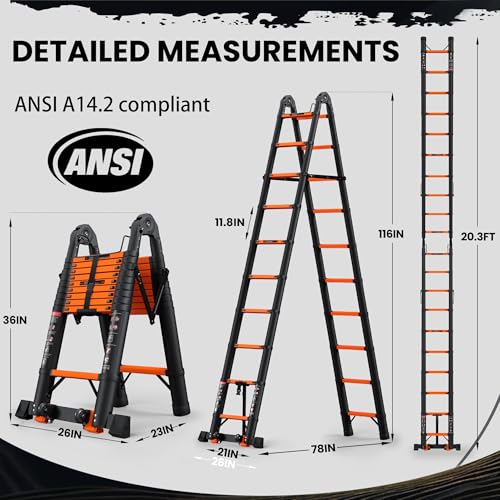 Image of SINMEIRUN 20.3 Feet A Frame Ladder, 10 Step, ANSI Certified, Aluminum Extension Ladder for Home, Roof, RV; Orange