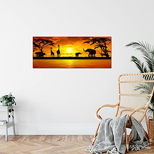 Runa Art Wandbild Afrika Sonnenuntergang 1 Teilig 100 x 40 cm Modern Bild auf Vlies Leinwand Giraffe Elefant Wohnzimmer Schlafzimmer Orange 000212a