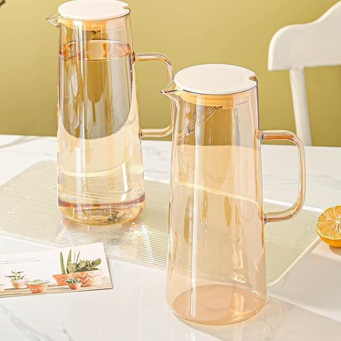 Image of Bellemax Premium Juice and Water Brown Glass Pitcher jug with Lid and 1.8 Liter Style jug with Handle Water, ice Lemon Tea, Milk and Juice Beverage (Brown) (BX-10)