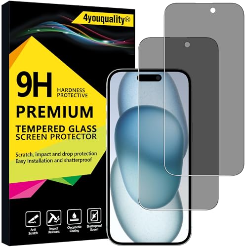 4youquality Privacy Screen Protector for iPhone 15 (6.1-Inch) Anti Spy Tempered Glass Film 2-Pack [LifetimeSupport][Anti-Spy][Impact-Resistant][Anti-Scratch]