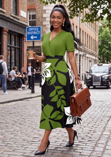 Image of MarryUP Women's Midi Dresses - V Neck Cocktail & Church Tea Dresses - Short Sleeve A-Line Swing Dress