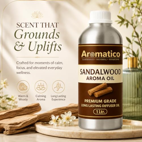 Image of AROMATICO Sandalwood Diffuser Oil with Strong, Long-Lasting Aroma. Woody, Spiritual Aroma Oil for Homes, Offices & Showrooms. Aromatherapy, Diffusers, Air Purifiers, Vaporizers - 1 L (1000 ml)