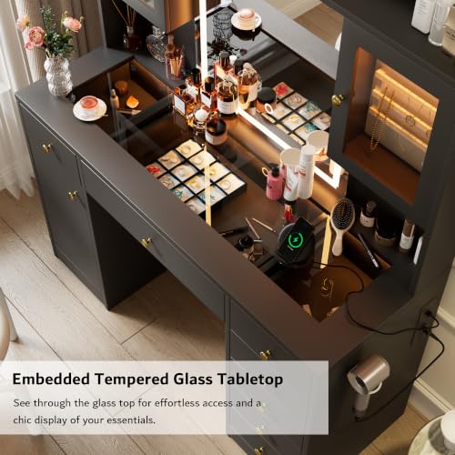 Image of iPormis Vanity Desk with Mirror and Lights, Glass Top Makeup Vanity with RGB Light and Power Outlet, Dressing Table Mirror with 3 Lighting Colors, 7 Drawers, 3 Cabinets, Black Vanity for Bedroom