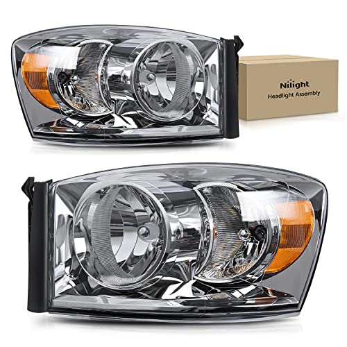Nilight 2007 2008 2009 Ram Headlight Assembly,Chrome Housing Amber Corner Clear Lens,Headlamp Replacement,Driver and Passenger Side,2 Pack