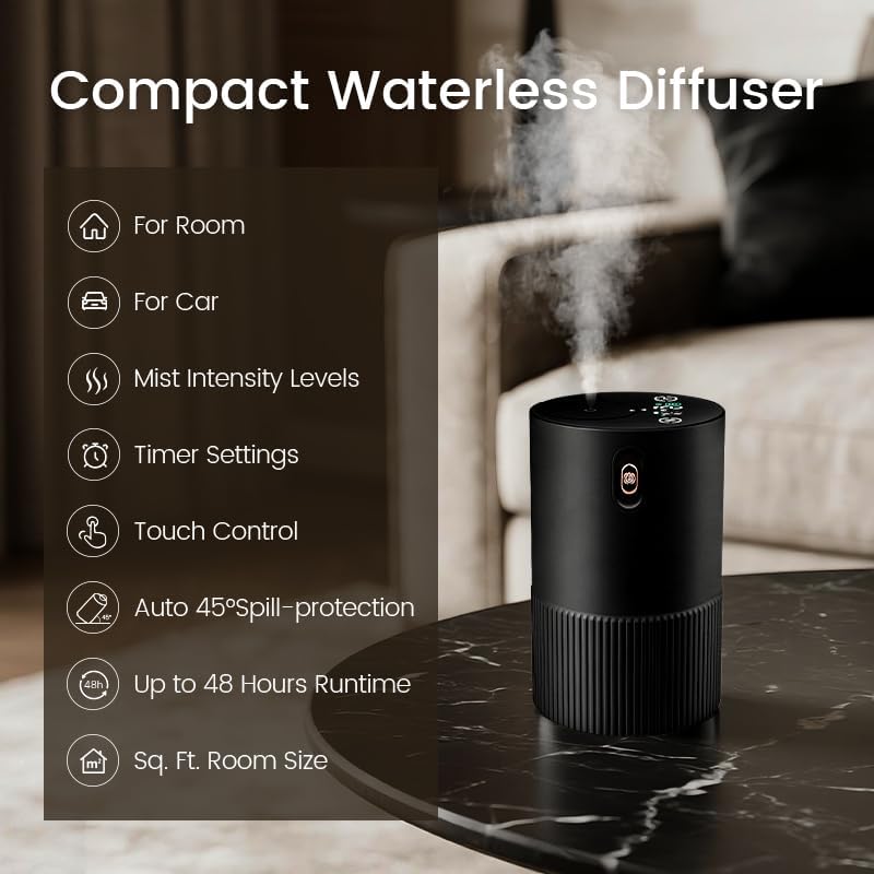 Waterless Diffuser for Essential Oil, Car Diffsuer, Aluminum Alloy & Fabric, 0.33 Fl Oz/ 10mL, Waterless Diffusers, Scent Diffuser with Timer & 4 Mist Levels for Home, Room, Car, Office - Black
