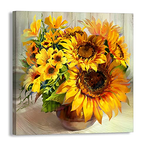 Lienzo de girasol amarillo para decoración de pared de baño, diseño de girasol, para cocina, decoración de pared, casa rural, campo, impresión de flores vintage, lista para colgar para sala de estar,