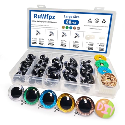 Occhi di sicurezza grandi per Amigurumi all'uncinetto 18-30 mm – RuWfpz 4 misure occhi di animali di peluche con rondelle, 80 pezzi multi plastica all'uncinetto occhi di sicurezza