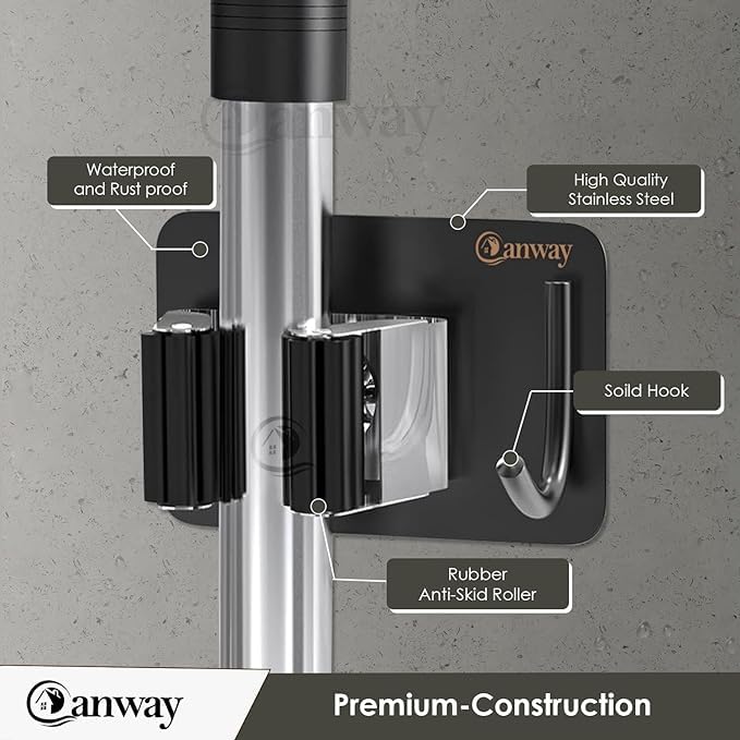 Image of CANWAY 2 Pieces (Black) Self Adhesive Heavy Duty Stainless Steel Wall Mounted Broom and Mop Stick Holder, No Drill Holders for Home, Kitchen, Garden, Laundry and Garage