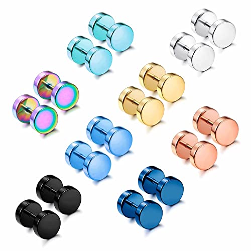 Jstyle 8 Pairs Dot Stud Earrings for Men Women Surgical Steel Screw Flat Back Earrings Multicolor Faux Gauges Ear Plug Tunnel Disc Mens Stud Earrings Piercing Set 4mm/6mm/8mm