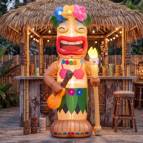 Image of Shappy 5 ft Tiki Inflatable Surfboard for Luau Hawaiian Party Decorations Summer Inflatables Outdoor Built-in LED Blow up Tiki Beach Tropical Aloha Bar Beach Pool Surfing Yard Party Decorations