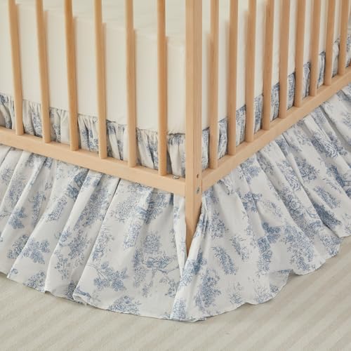 Image of Brandream French Country Toile Floral Print Cotton Crib Skirt Toddler Bedskirt Baby Nursery Crib Bed Skirt Boho Bohemian Neutral Blue Farmhouse Chic Ruffles Skirt