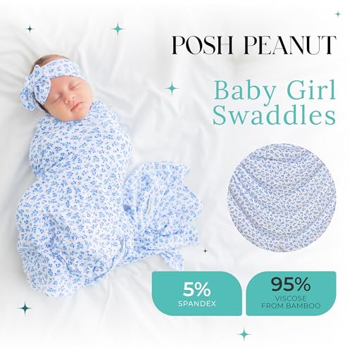 Image of Posh Peanut Swaddle Blanket & Headband Set - Viscose from Bamboo Stretchy Baby Swaddle for Newborn Girls, Receiving Blanket or Nursing Cover
