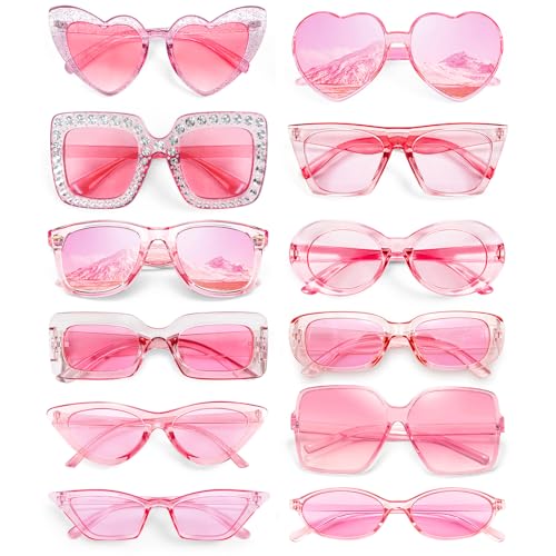Pibupibu 12 Pack Pink Sunglasses for Women Party Favors Bulk Fun Y2K Glasses Classic Retro Funky Eyewear Set
