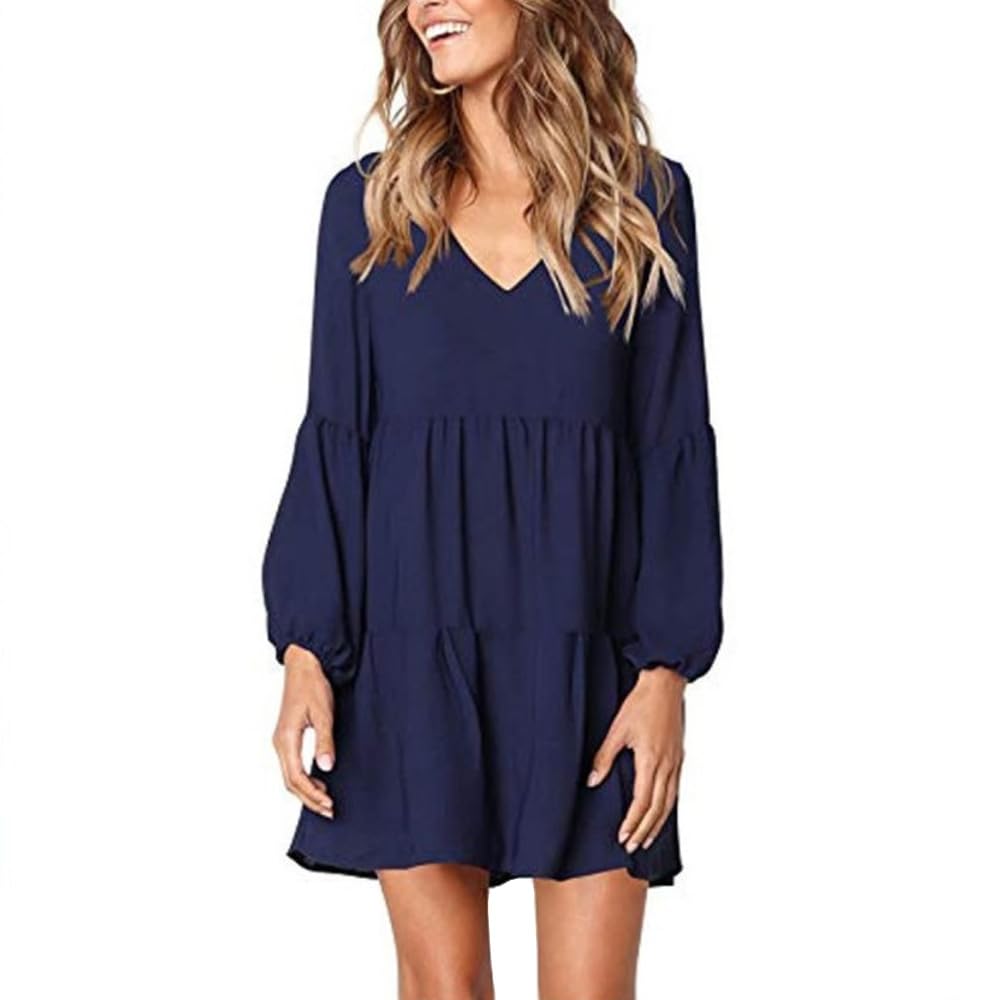FFWTPY Vestidos de Mujer Manga Larga Vestido Casual Cuello V Vestidos Sueltos de Camiseta T-Shirt Túnica Negro Color sólido Vestido Midi Moda Chic Playa Vacaciones
