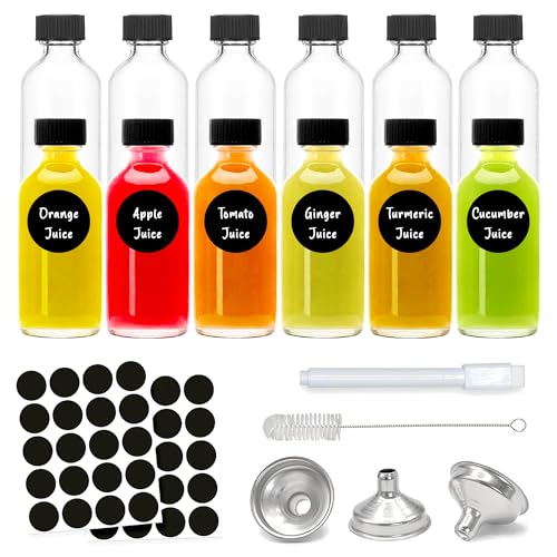 volila Wellness Shot Bottles - 12 Pack Ginger Shot Bottles with Lids 60ml - Leak-Proof Glass Shot Bottles with Lids as Juice Bottles, Fridge Bottles, Others - Funnel, Label and Shrink Wrap Included
