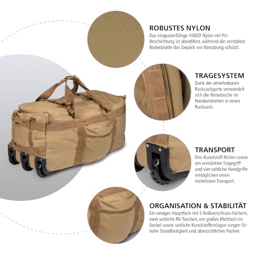 Mil-Tec Kampftrageseesack mit Rollen (118L Volumen) • Große Reisetasche mit 3 Rollen & Rucksackfunktion • Ideal als Rucksack Trolley, Seesack, Einsatztasche, Camping- oder Sporttasche • Coyote