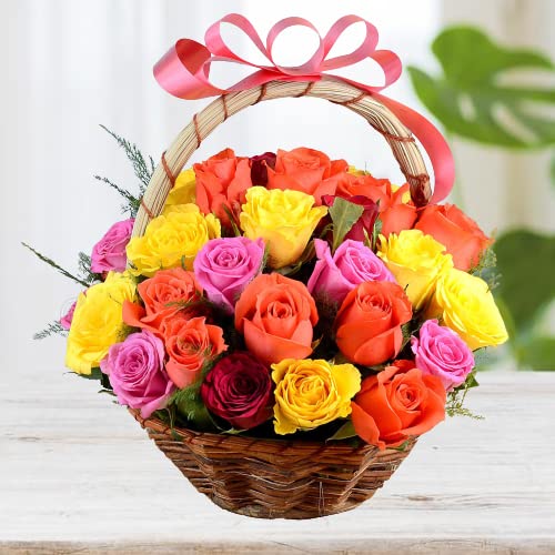 FLORANET Beautiful Bouquet – Divine Basket of 24 Mixed Coloured Roses arranged in a basket for Anniversary, Birthday, Wedding, Congratulations, Mother's Day (Same Day Delivery Available).-image-41