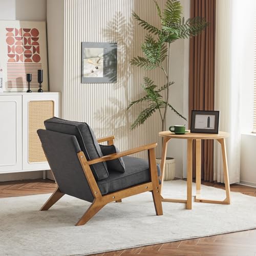 Image of Karl home Mid-Century Lounge Accent Chair, Gray | Wide Curved Armrest, Linen Fabric, Lumbar Pillow Included, Solid Wood Frame, For Living Room, Bedroom, Balcony, Apartment