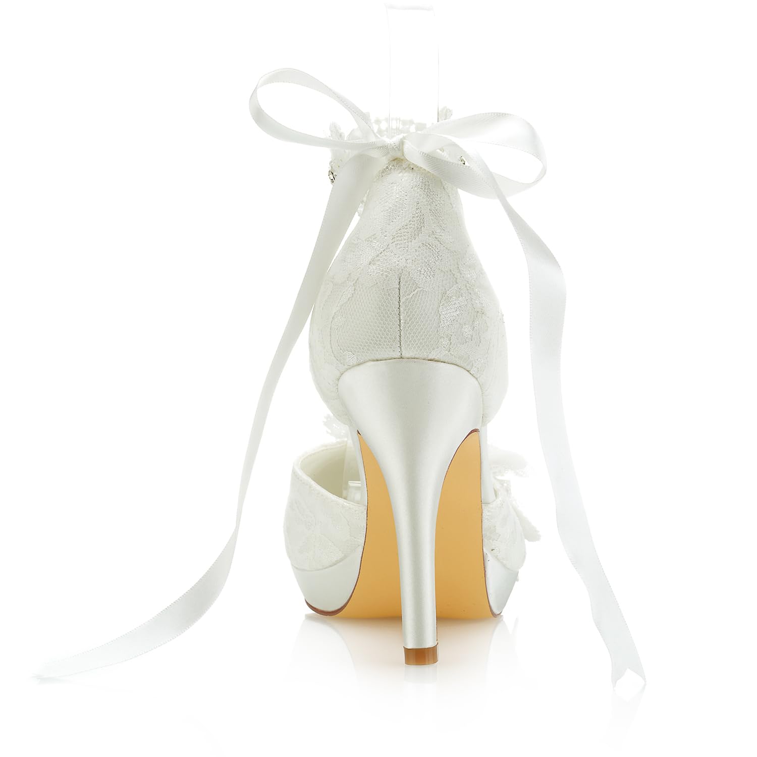 JIAJIA 3703L Scarpe da Sposa da Donna Punta Chiusa 10cm Tacco a Spillo Pizzo Satinato Piattaforma Pompe Raso Fiore Cravatta a Nastro Scarpe da Sposa