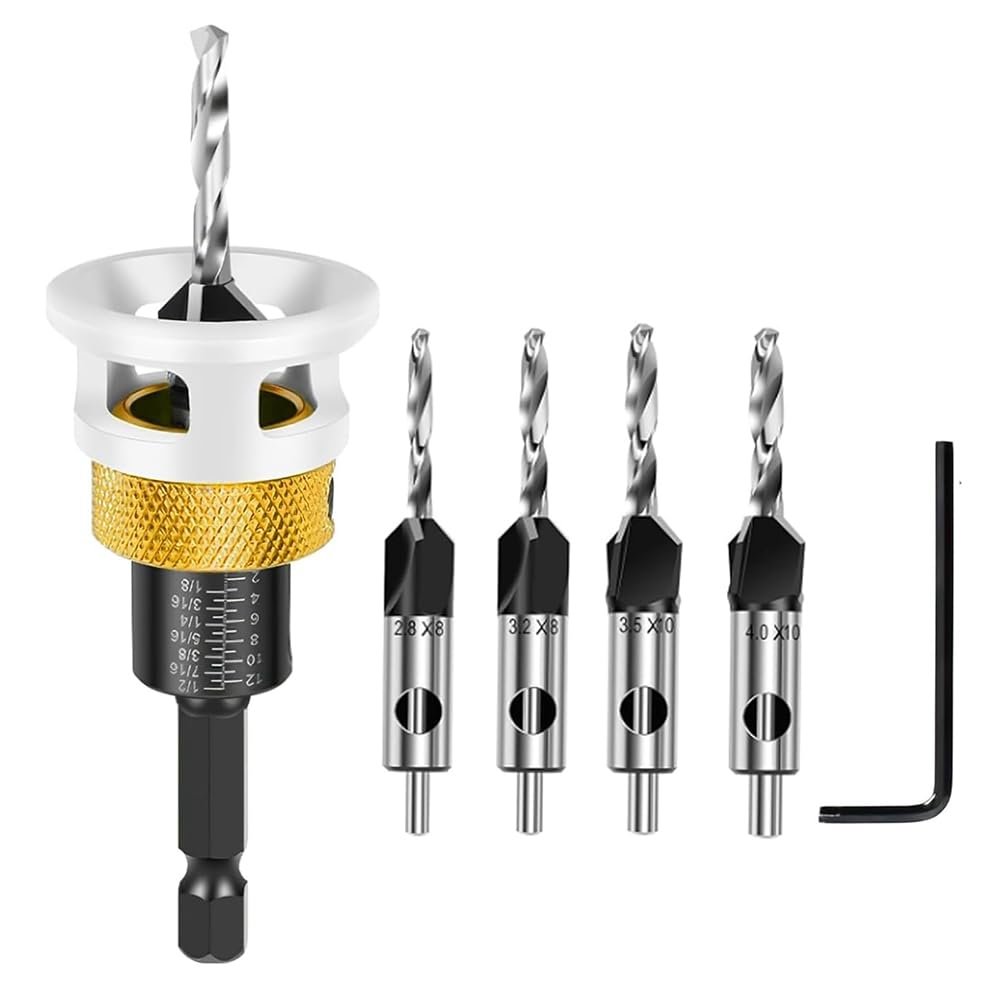 Littimoon Countersink Drill Bit Set of 4PCS with Depth Stop in M2 HSS Tapered Design for Wood& Hand Tools