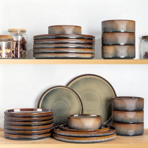 Image of TheTerra Ceramic Dinnerware Sets for 8, 24 Pieces Porcelain Lightweight Plates and Bowls Sets, Scratch Resistant Dish Set, Oven & Microwave & Dishwasher Safe, Brown